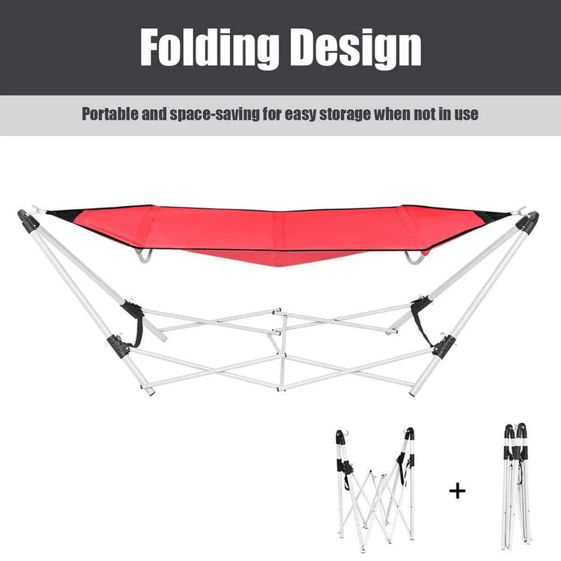 7.9 ft.. Outdoor Portable Folding Steel Frame Hammock Bed with Bag in Red