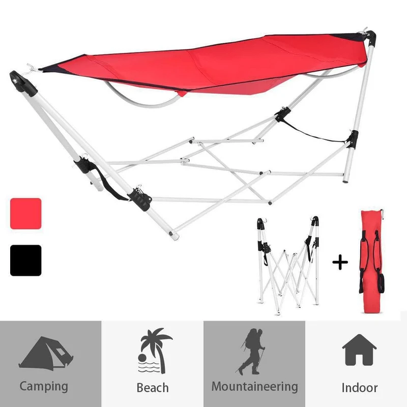 7.9 ft.. Outdoor Portable Folding Steel Frame Hammock Bed with Bag in Red