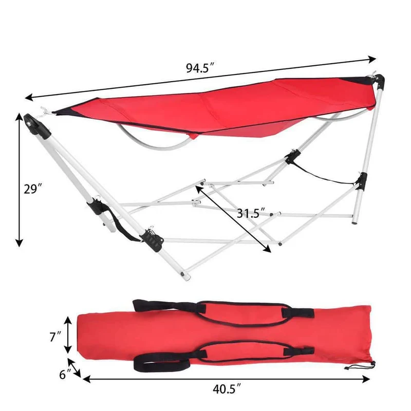 7.9 ft.. Outdoor Portable Folding Steel Frame Hammock Bed with Bag in Red