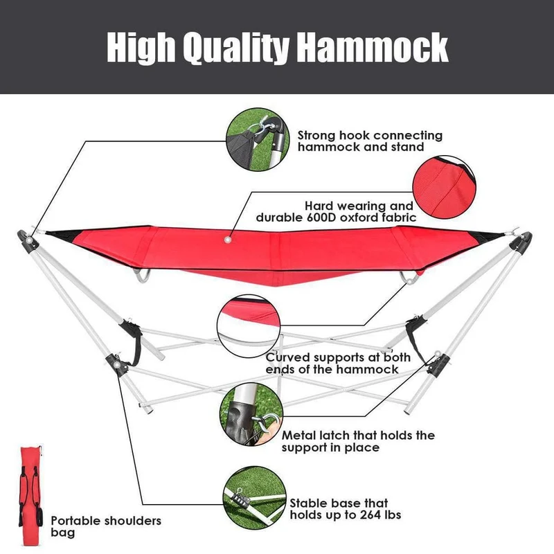 7.9 ft.. Outdoor Portable Folding Steel Frame Hammock Bed with Bag in Red