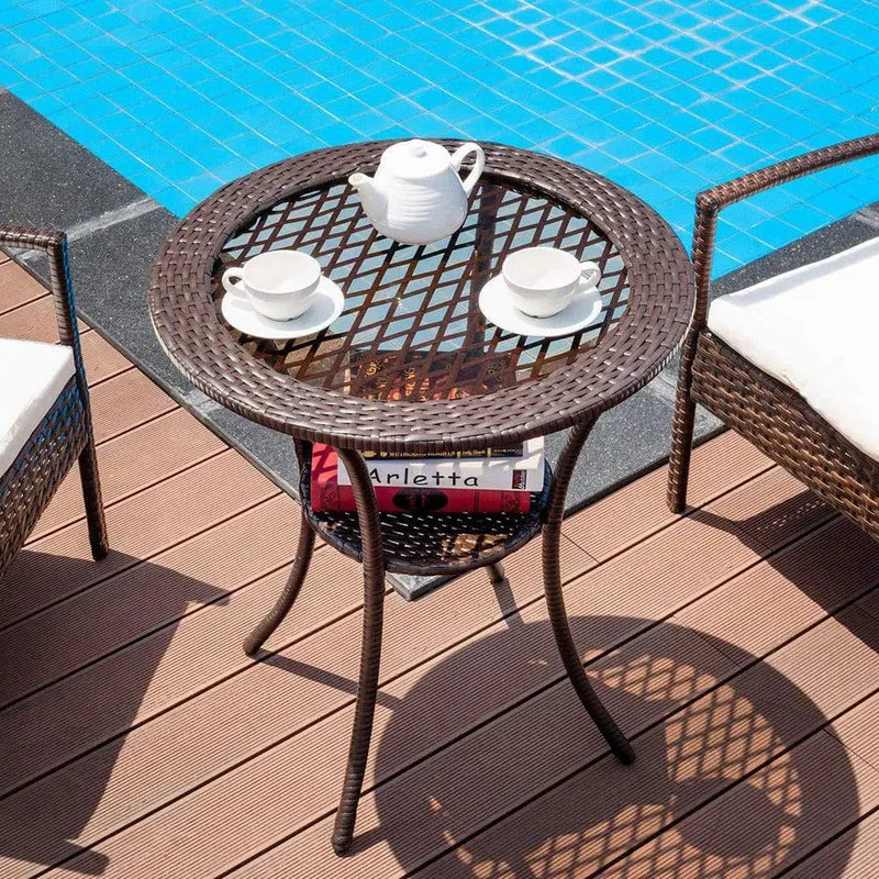 26 in. Brown Round Wicker Outdoor Patio Coffee Table With Lower Shelf