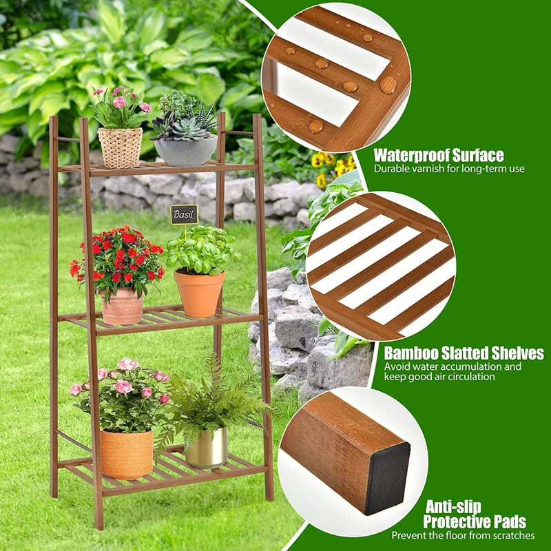 Indoor/Outdoor Brown Bamboo Wood Ladder Plant Stand Display Holder (3-Tier)