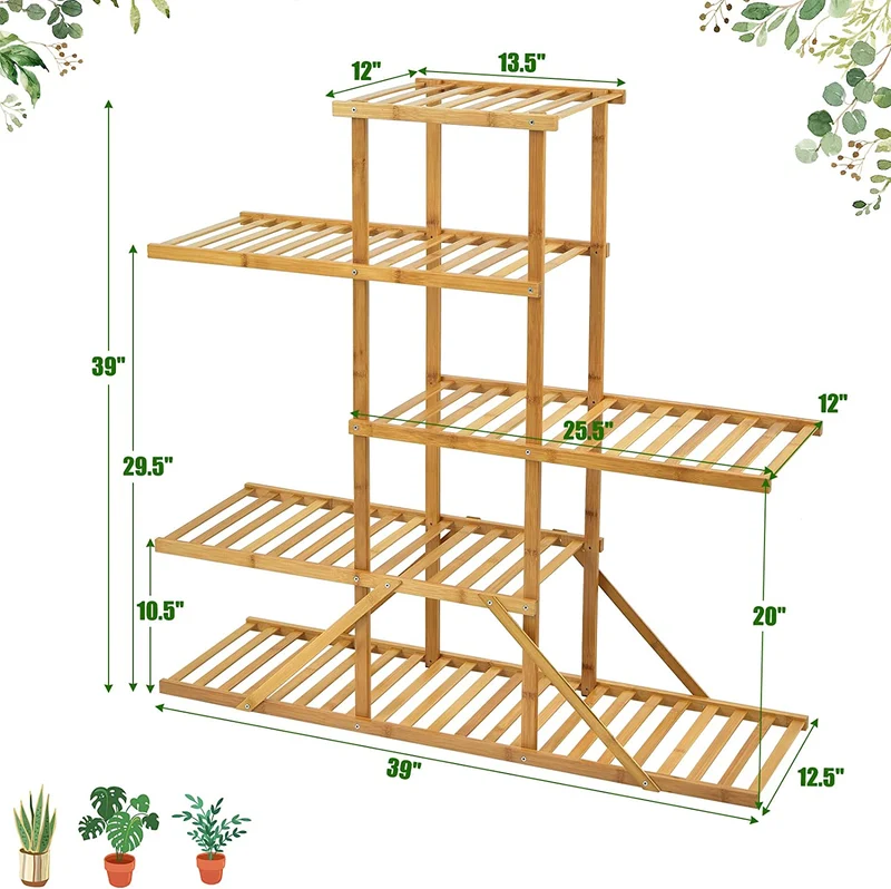 Indoor/Outdoor Natural Wood Plant Stand 10 Potted Plant Shelf Display Holder (5-Tier)