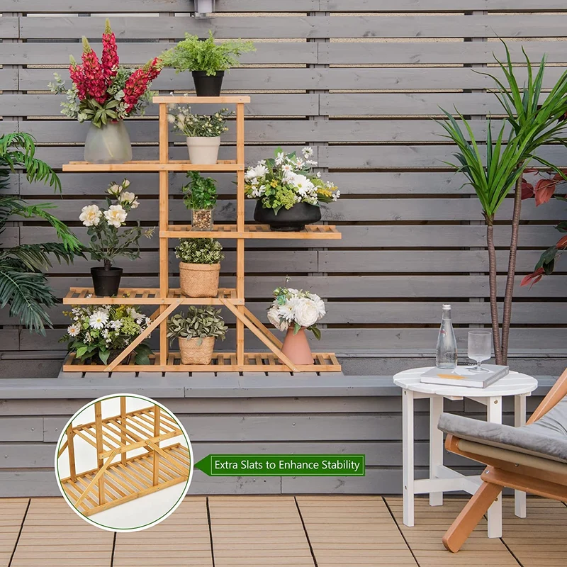 Indoor/Outdoor Natural Wood Plant Stand 10 Potted Plant Shelf Display Holder (5-Tier)