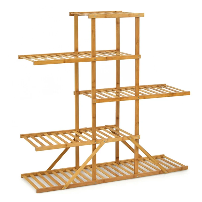 Indoor/Outdoor Natural Wood Plant Stand 10 Potted Plant Shelf Display Holder (5-Tier)