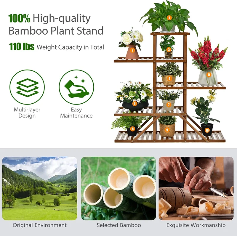 Brown Indoor/Outdoor Wood Plant Stand 10 Potted Plant Shelf Display Holder (5-Tier)