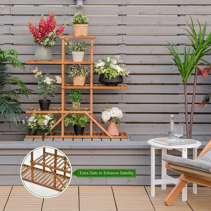 Brown Indoor/Outdoor Wood Plant Stand 10 Potted Plant Shelf Display Holder (5-Tier)