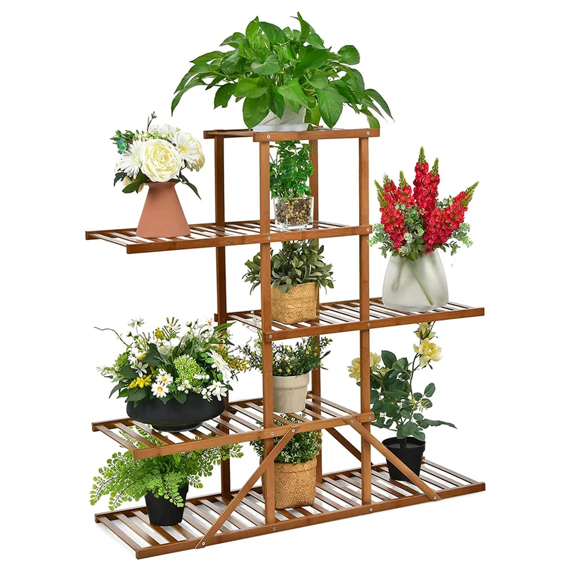 Brown Indoor/Outdoor Wood Plant Stand 10 Potted Plant Shelf Display Holder (5-Tier)