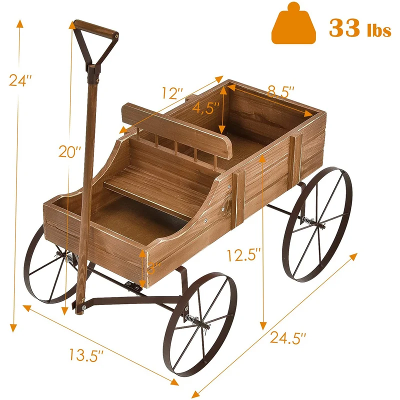 Wooden Wagon Plant Bed in Brown with Metal Wheels