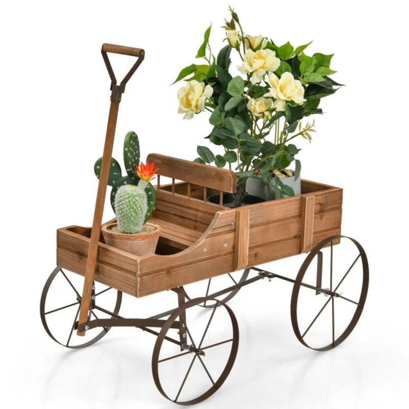 Wooden Wagon Plant Bed in Brown with Metal Wheels