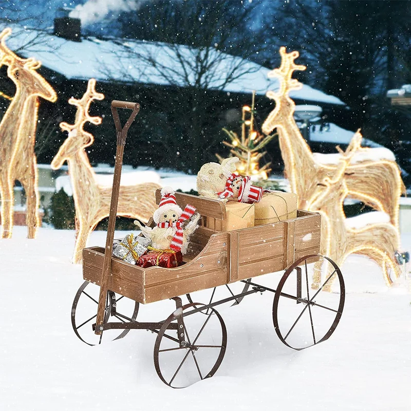 Wooden Wagon Plant Bed in Brown with Metal Wheels