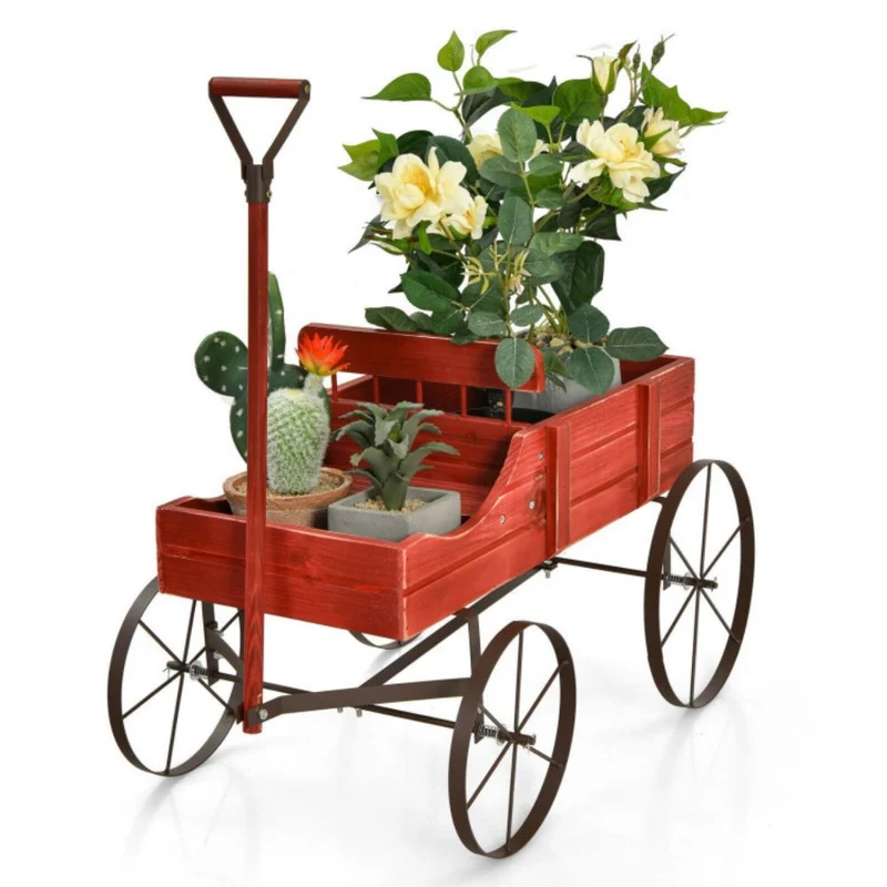 Wooden Wagon Plant Bed in Red with Metal Wheels