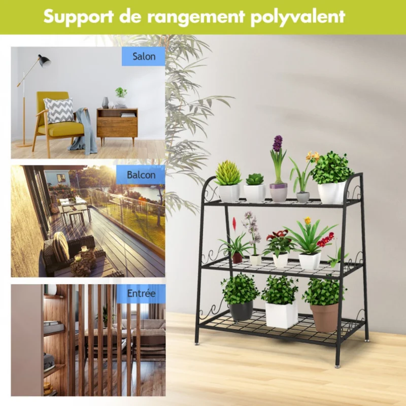 Indoor/Outdoor Black Steel Plant Stand Shelf Display Rack (3-Tier)