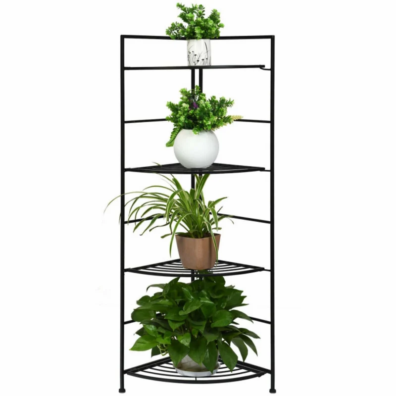 Indoor/Outdoor Folding Black Metal Shelf Plant Stand Storage Open Shelf Corner Display Rack (4-Tier)