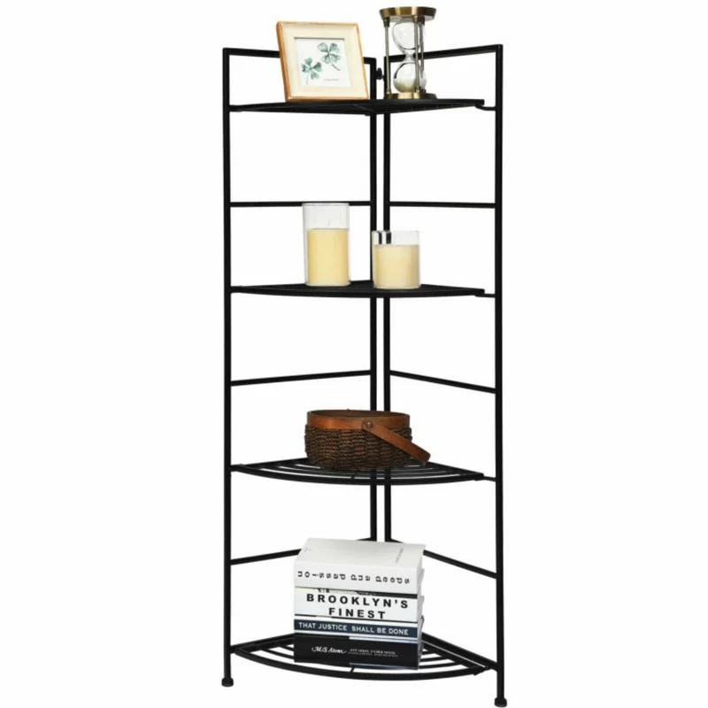 Indoor/Outdoor Folding Black Metal Shelf Plant Stand Storage Open Shelf Corner Display Rack (4-Tier)