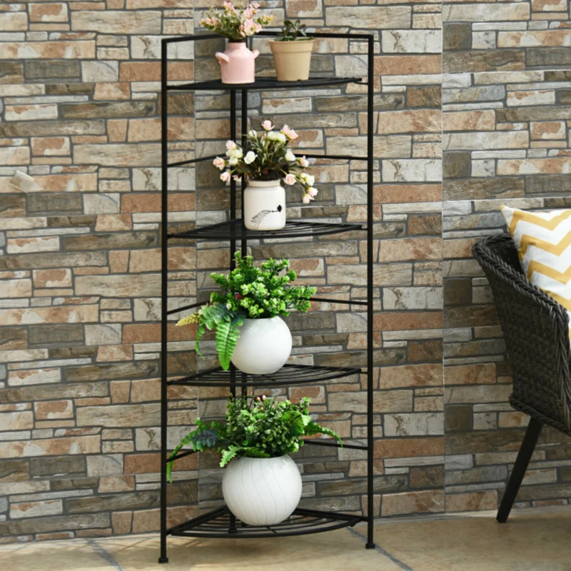 Indoor/Outdoor Folding Black Metal Shelf Plant Stand Storage Open Shelf Corner Display Rack (4-Tier)