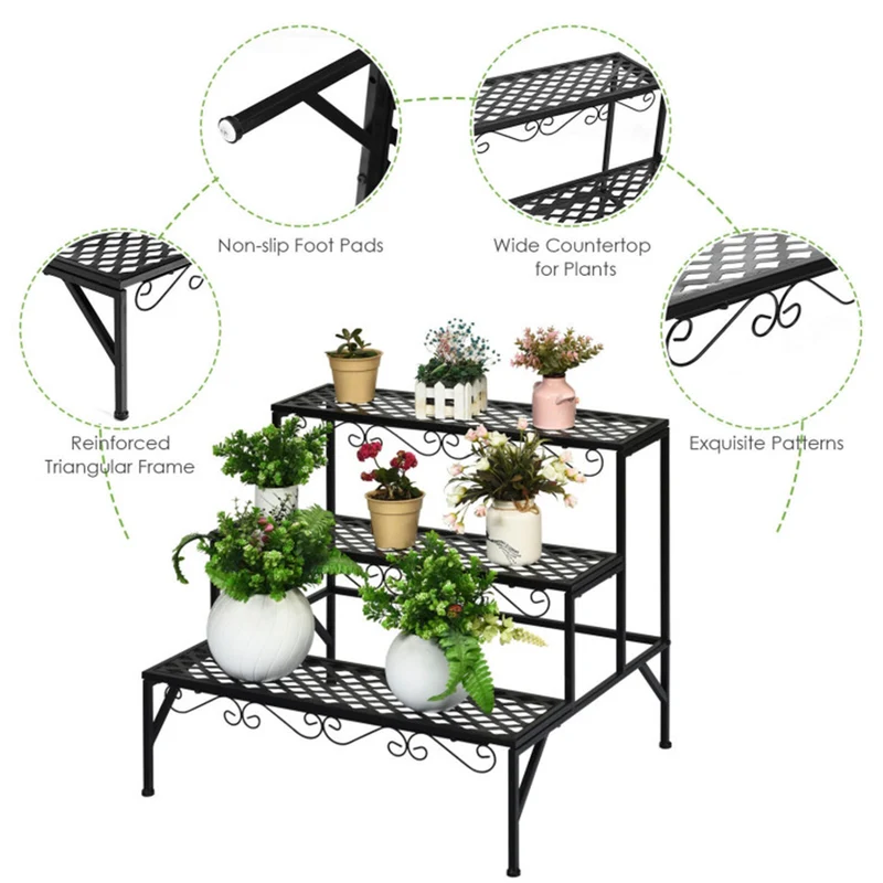 Black Indoor/Outdoor Metal Decorative Plant Stand (3-Tier)