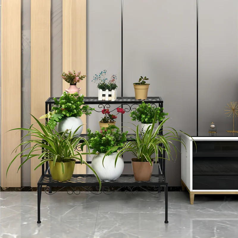 Black Indoor/Outdoor Metal Decorative Plant Stand (3-Tier)