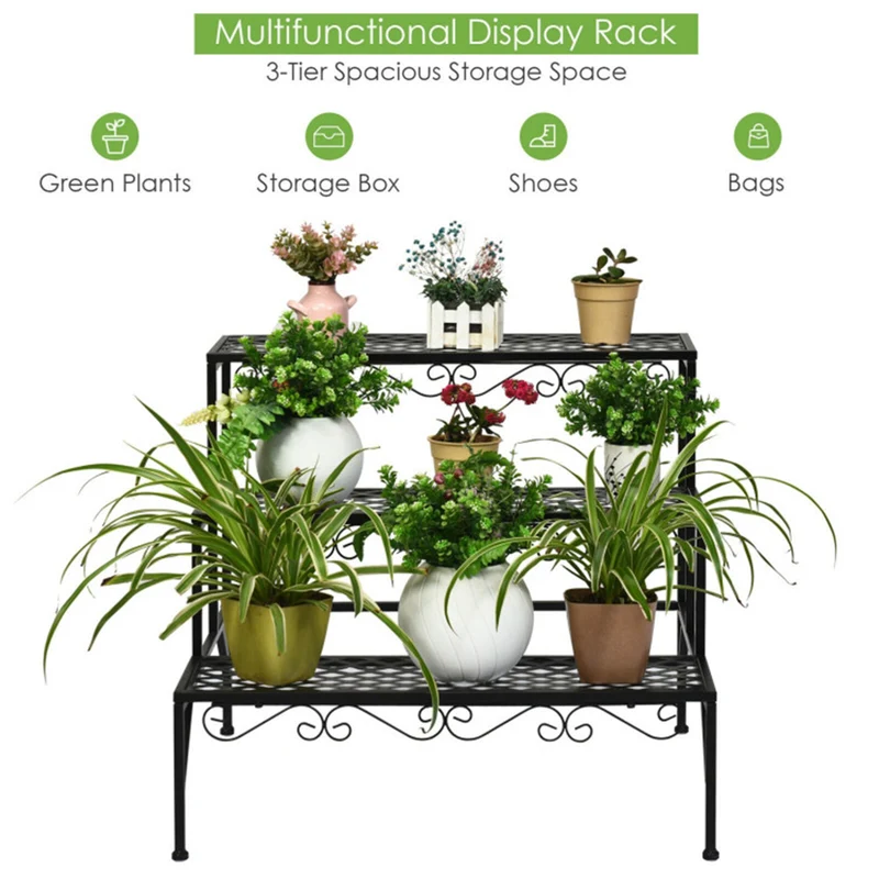 Black Indoor/Outdoor Metal Decorative Plant Stand (3-Tier)