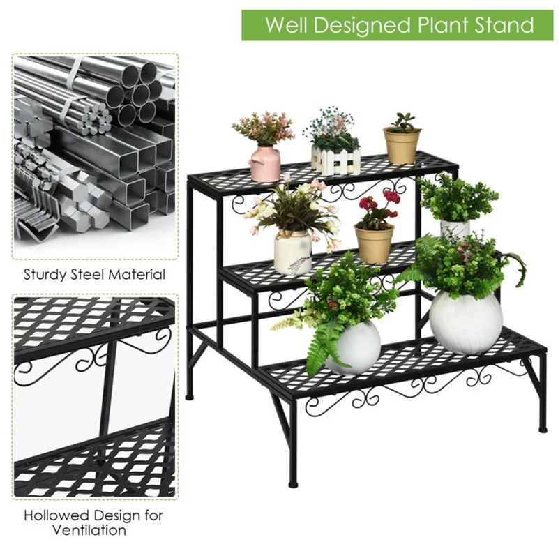 Black Indoor/Outdoor Metal Decorative Plant Stand (3-Tier)