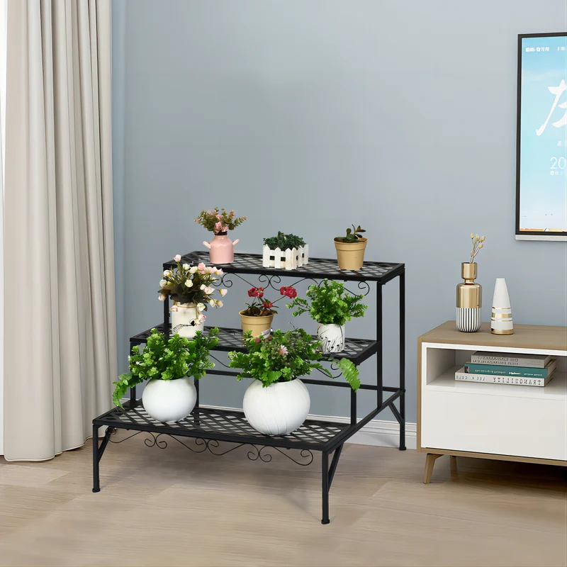 Black Indoor/Outdoor Metal Decorative Plant Stand (3-Tier)