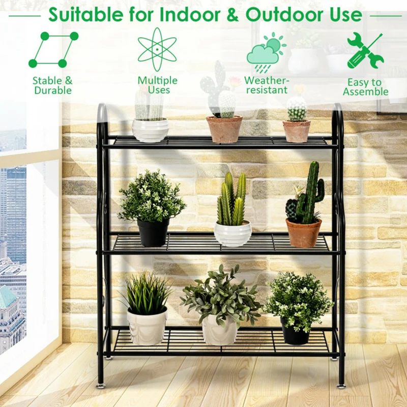 Black Indoor/Outdoor Scrollwork Designed Steel Plant Stand (3-Tier)