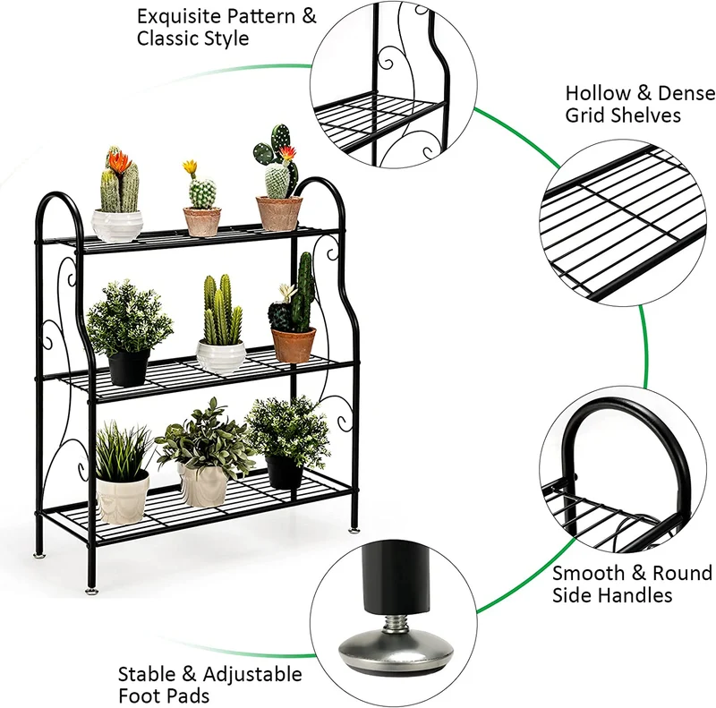 Black Indoor/Outdoor Scrollwork Designed Steel Plant Stand (3-Tier)