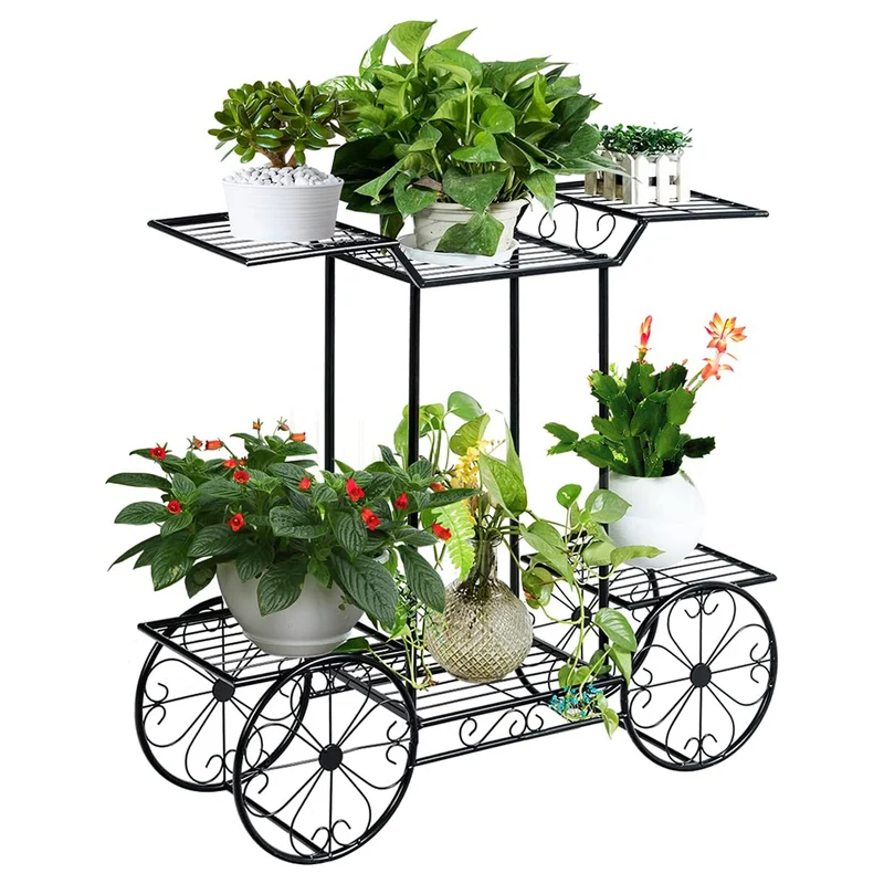 Black Metal Indoor/Outdoor Garden Cart Stand Flower Rack Display Decor Pot Plant Holder (6-Tier)