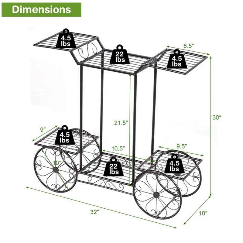 Black Metal Indoor/Outdoor Garden Cart Stand Flower Rack Display Decor Pot Plant Holder (6-Tier)