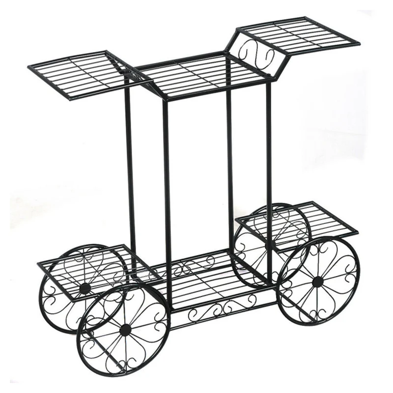 Black Metal Indoor/Outdoor Garden Cart Stand Flower Rack Display Decor Pot Plant Holder (6-Tier)