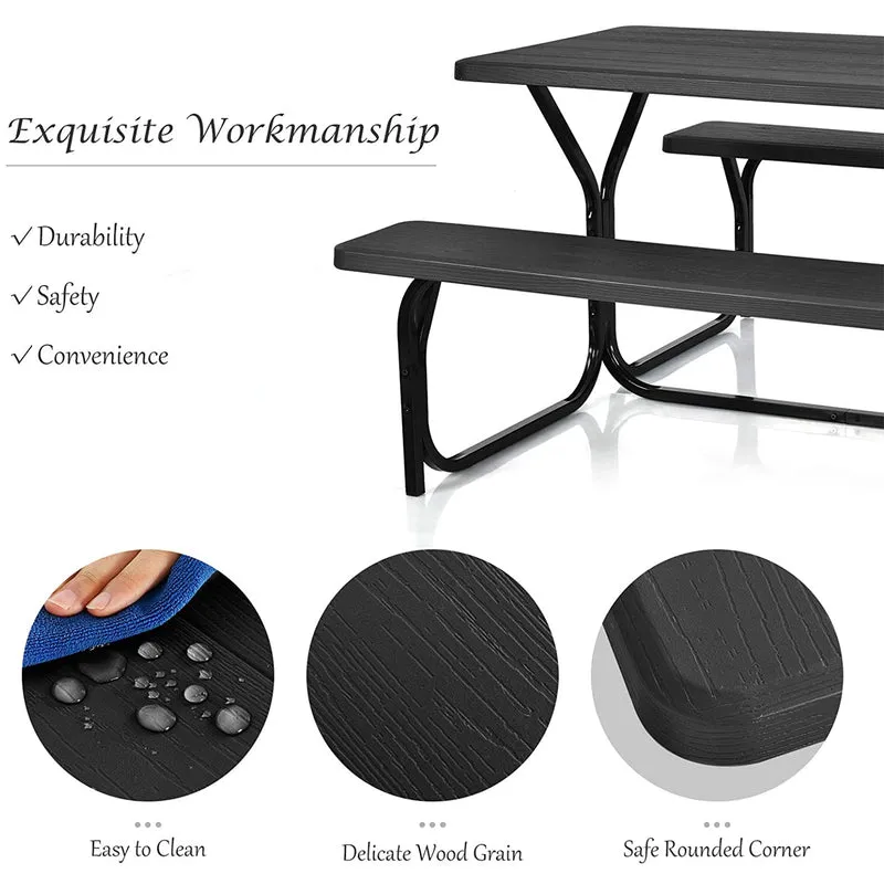 Black All-Weather Metal Outdoor Picnic Table Bench Set with Metal Base Wood