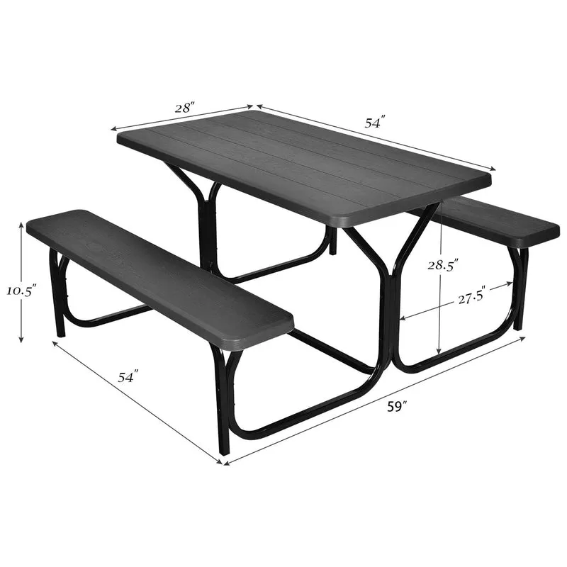 Black All-Weather Metal Outdoor Picnic Table Bench Set with Metal Base Wood