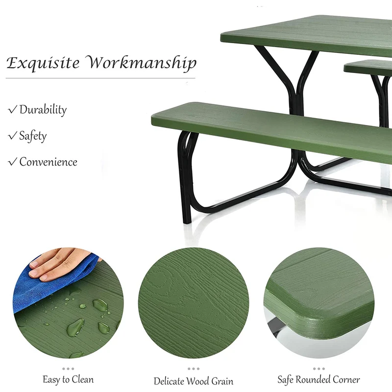 Green All-Weather Metal Outdoor Picnic Table Bench Set with Metal Base Wood