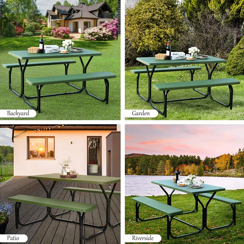 Green All-Weather Metal Outdoor Picnic Table Bench Set with Metal Base Wood