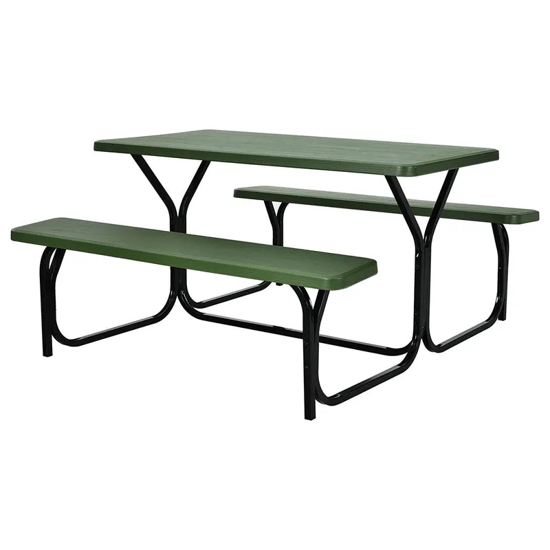 Green All-Weather Metal Outdoor Picnic Table Bench Set with Metal Base Wood