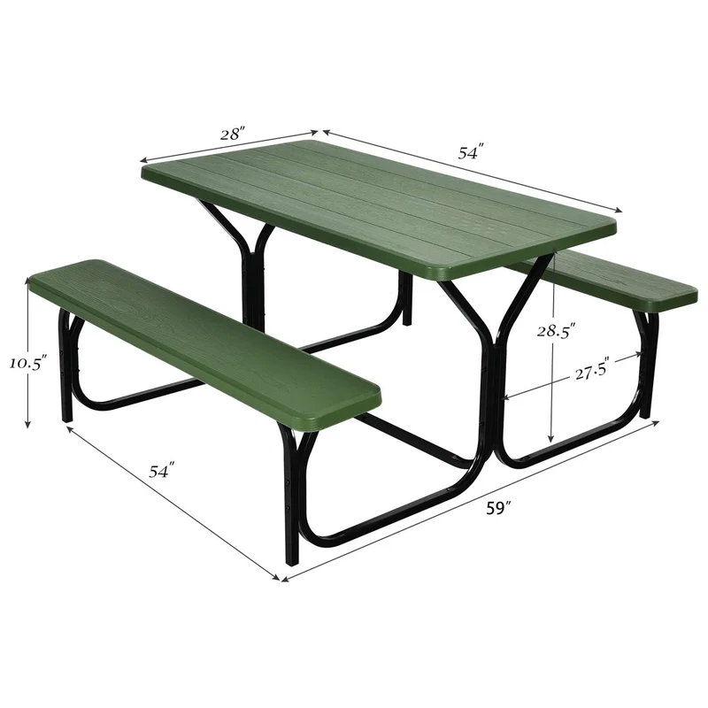 Green All-Weather Metal Outdoor Picnic Table Bench Set with Metal Base Wood