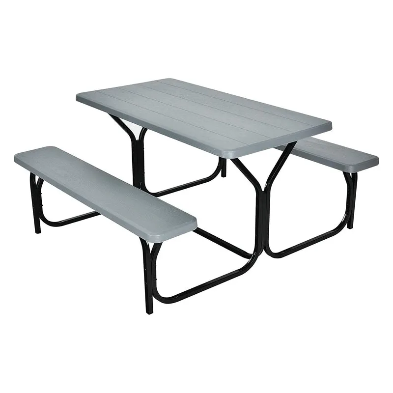 Gray All-Weather Metal Outdoor Picnic Table Bench Set with Metal Base Wood