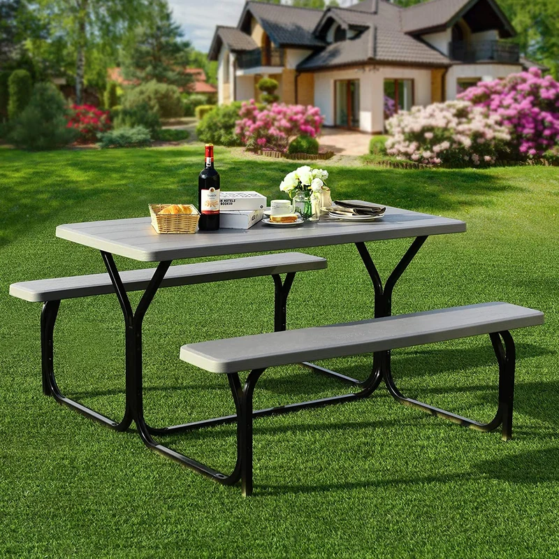 Gray All-Weather Metal Outdoor Picnic Table Bench Set with Metal Base Wood