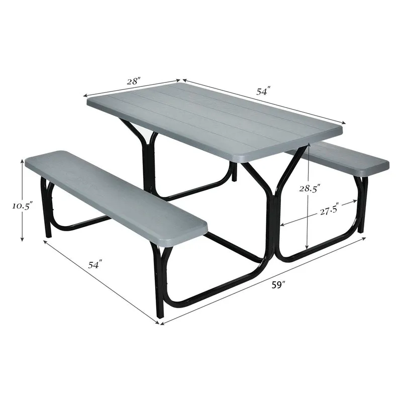 Gray All-Weather Metal Outdoor Picnic Table Bench Set with Metal Base Wood