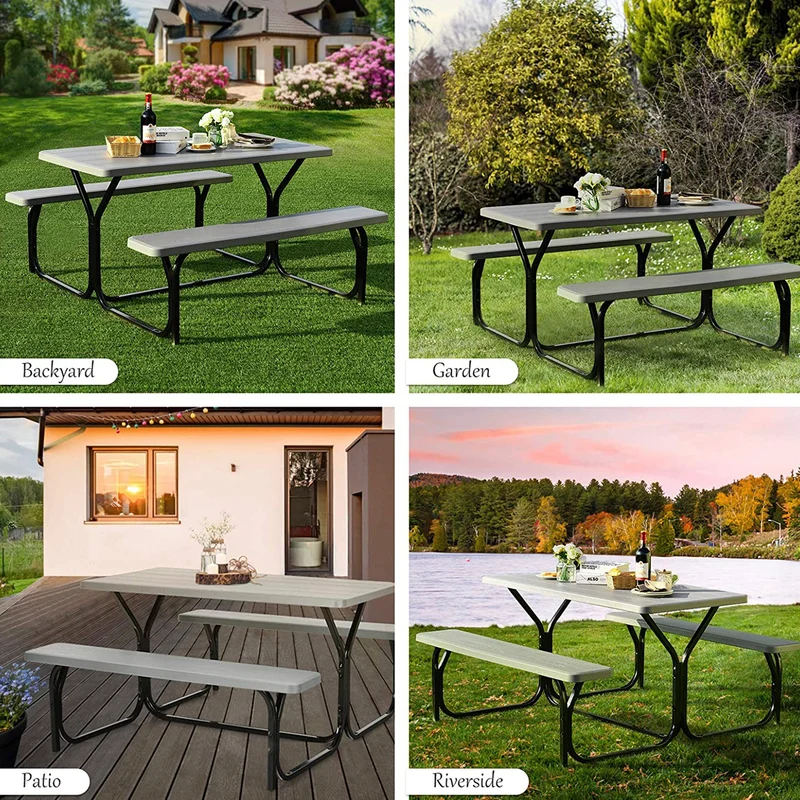 Gray All-Weather Metal Outdoor Picnic Table Bench Set with Metal Base Wood