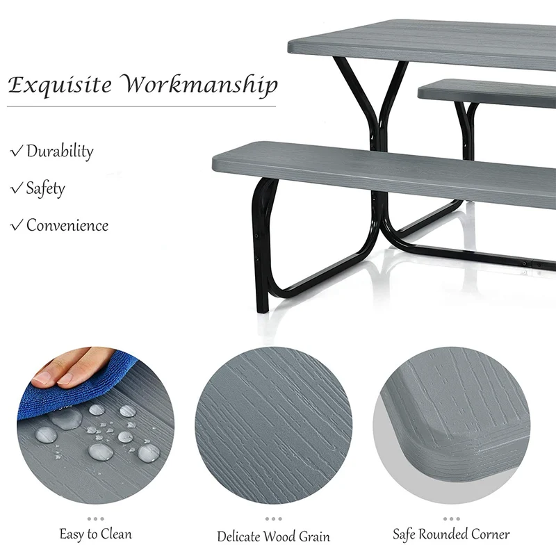 Gray All-Weather Metal Outdoor Picnic Table Bench Set with Metal Base Wood