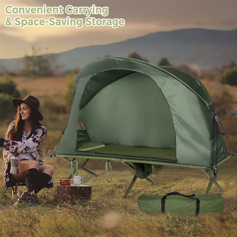 1-Person Green Outdoor Folding Camping Tent Cot Elevated Compact Tent with External Cover