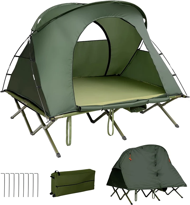 2-Person Green Outdoor Folding Camping Tent Elevated Tent with External Cover