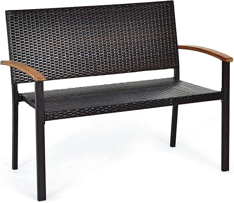 45 in. Outdoor Patio Rattan Wicker Bench with Acacia Armrest