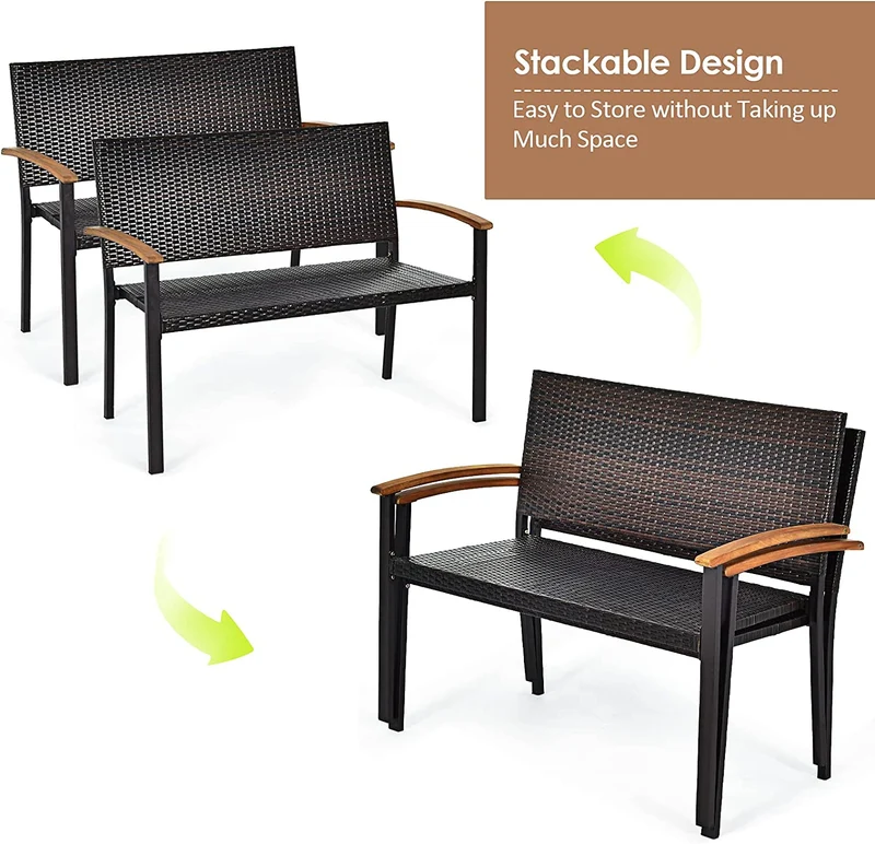 45 in. Outdoor Patio Rattan Wicker Bench with Acacia Armrest