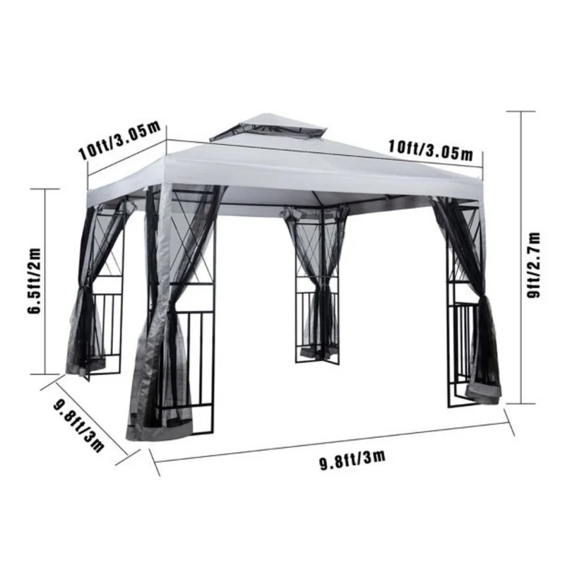 10 ft. x 10 ft. Light Gray Patio Gazebo with Mosquito Net and Corner Shelves