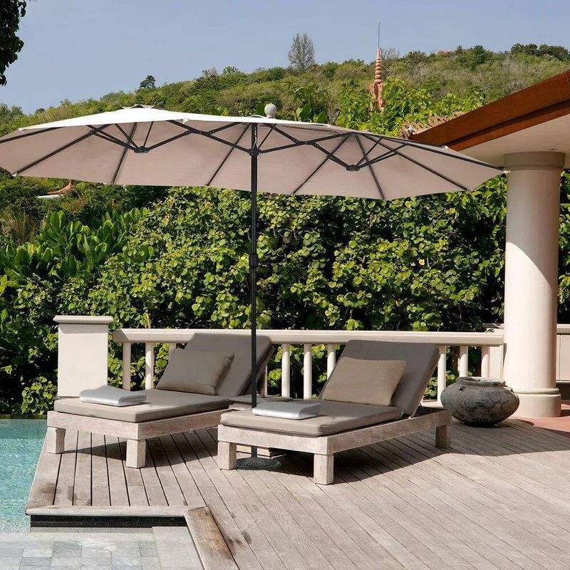 15 ft. Market Double Sided Outdoor Patio Umbrella with Crank and UV Sun Protection in Beige