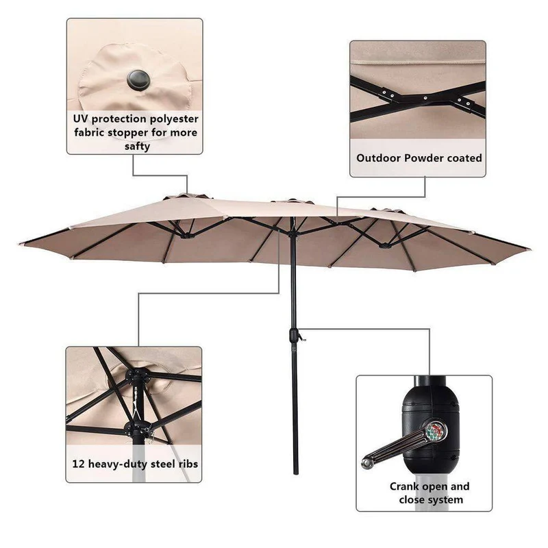 15 ft. Market Double Sided Outdoor Patio Umbrella with Crank and UV Sun Protection in Beige