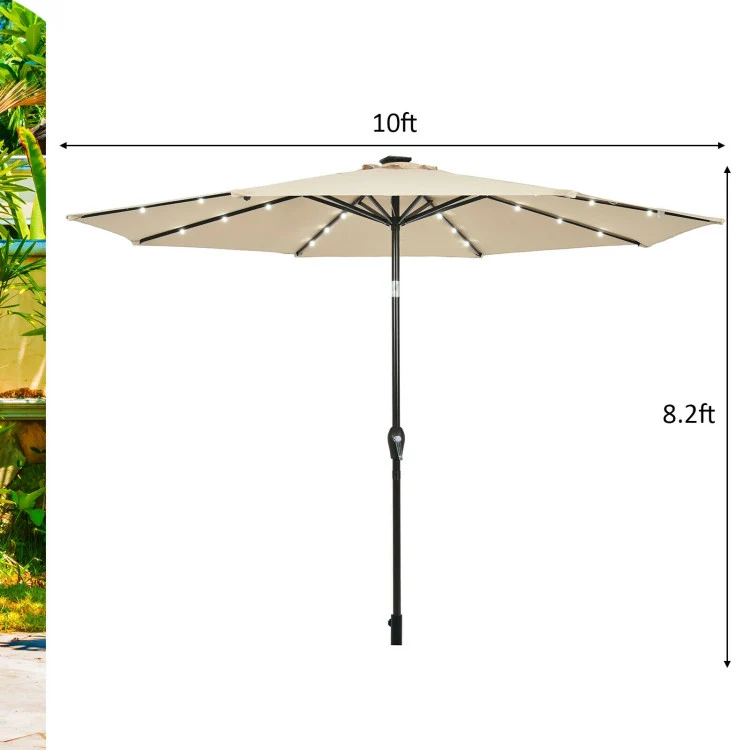 10 ft. Steel Market Tilt Patio Solar Umbrella with LED Lights and Crank in Beige