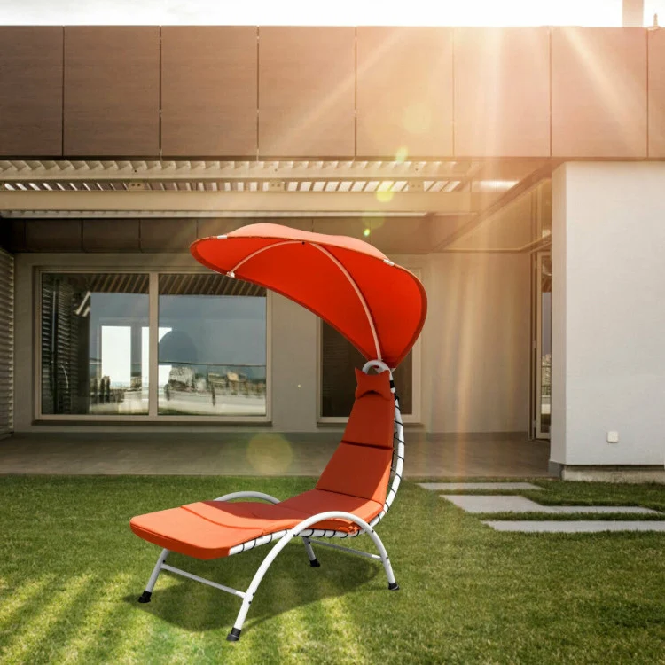 Metal Outdoor Patio Chaise Lounger Chair with Canopy and Orange Cushions